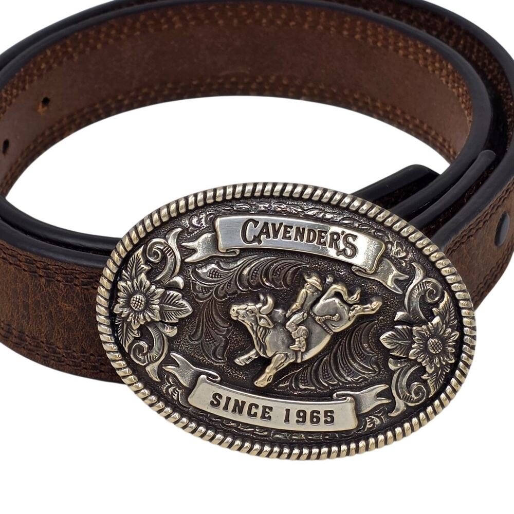 Cavenders Brown Leather Belt Big Buckle Size 30 Western Cowboy Bull Rider Rodeo